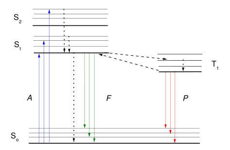 Plik:Diagram Jabłońskiego przedstawiający uproszczony układ poziomów elektronowo-oscylacyjnych singletowych (S) i tripletowych (T) cząsteczki.png