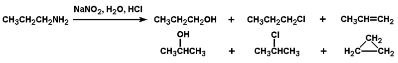 Plik:Produkty przemian aminy alifatycznej pod działaniem kwasu azotawego.png